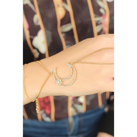 Gold Renk Zirkon Taşlı Ay Tasarım Şahmeran Bileklik - TJ-SN469