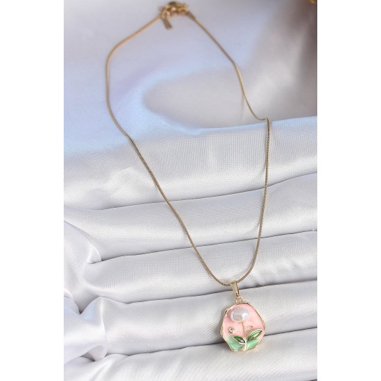 316L Çelik Gold Renk Zincir Pembe Çiçek İşlemeli İnci Detay Portre Model Kadın Kolye - TJ-BKO10125