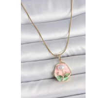 316L Çelik Gold Renk Zincir Pembe Çiçek İşlemeli İnci Detay Portre Model Kadın Kolye - TJ-BKO10125