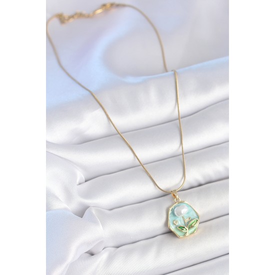 316L Çelik Gold Renk Zincir Mavi Çiçek İşlemeli İnci İşlemeli Portre Model Kadın Kolye - TJ-BKO10126