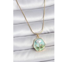 316L Çelik Gold Renk Zincir Mavi Çiçek İşlemeli İnci İşlemeli Portre Model Kadın Kolye - TJ-BKO10126