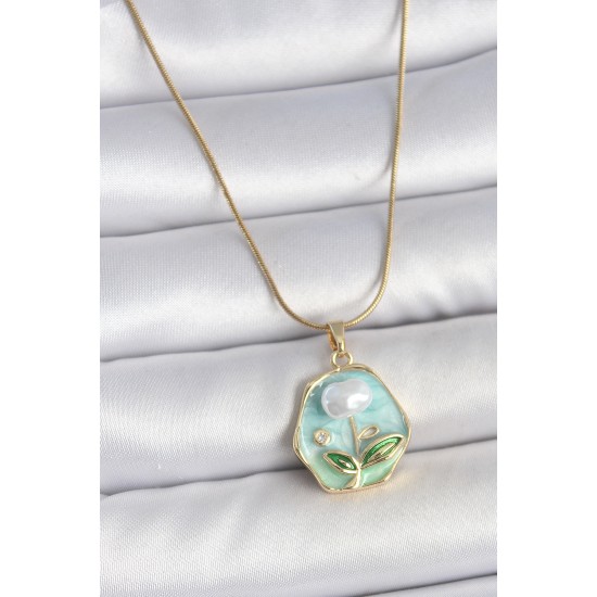 316L Çelik Gold Renk Zincir Mavi Çiçek İşlemeli İnci İşlemeli Portre Model Kadın Kolye - TJ-BKO10126