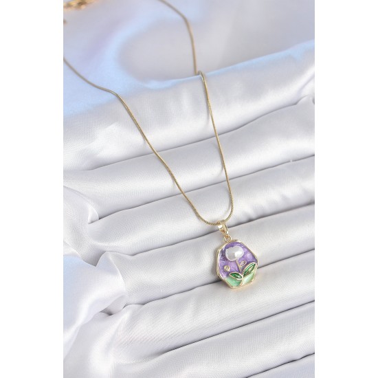 316L Çelik Gold Renk Zincir Mor Çiçek İşlemeli İnci Detay Portre Model Kadın Kolye - TJ-BKO10127