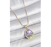 316L Çelik Gold Renk Zincir Mor Çiçek İşlemeli İnci Detay Portre Model Kadın Kolye - TJ-BKO10127