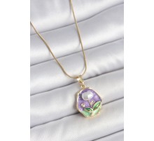 316L Çelik Gold Renk Zincir Mor Çiçek İşlemeli İnci Detay Portre Model Kadın Kolye - TJ-BKO10127