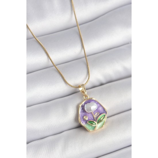 316L Çelik Gold Renk Zincir Mor Çiçek İşlemeli İnci Detay Portre Model Kadın Kolye - TJ-BKO10127