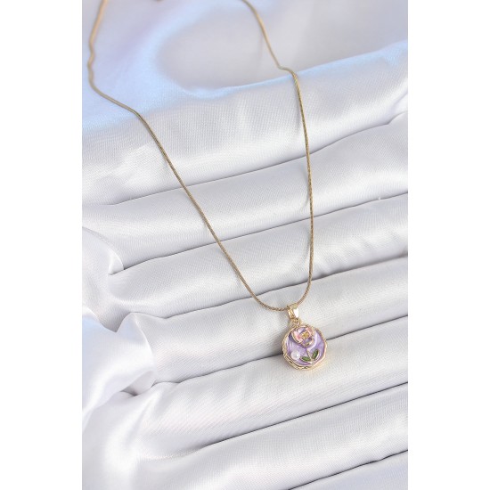316L Çelik Gold Renk Zincir Mor Minimal Çiçek İşlemeli İnci Detay Portre Model Kadın Kolye - TJ-BKO10128