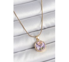 316L Çelik Gold Renk Zincir Mor Minimal Çiçek İşlemeli İnci Detay Portre Model Kadın Kolye - TJ-BKO10128