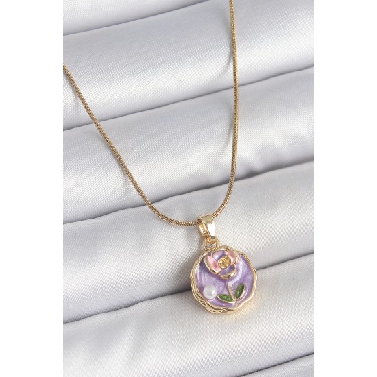 316L Çelik Gold Renk Zincir Mor Minimal Çiçek İşlemeli İnci Detay Portre Model Kadın Kolye - TJ-BKO10128