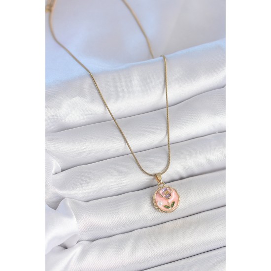 316L Çelik Gold Renk Zincir Pembe Minimal Çiçek İşlemeli İnci Detay Portre Model Kadın Kolye - TJ-BKO10129