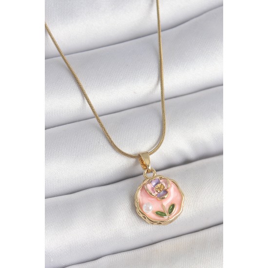 316L Çelik Gold Renk Zincir Pembe Minimal Çiçek İşlemeli İnci Detay Portre Model Kadın Kolye - TJ-BKO10129