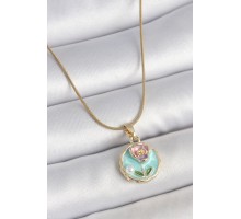 316L Çelik Gold Renk Zincir Mavi Minimal Çiçek İşlemeli İnci Detay Portre Model Kadın Kolye - TJ-BKO10130