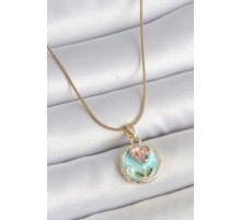 316L Çelik Gold Renk Zincir Mavi Minimal Çiçek İşlemeli İnci Detay Portre Model Kadın Kolye - TJ-BKO10130