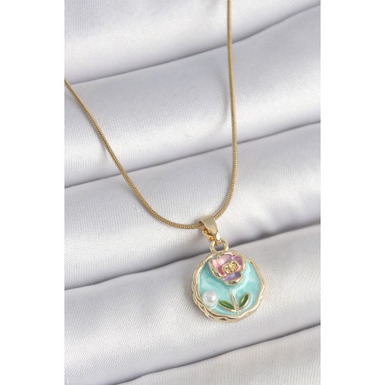 316L Çelik Gold Renk Zincir Mavi Minimal Çiçek İşlemeli İnci Detay Portre Model Kadın Kolye - TJ-BKO10130