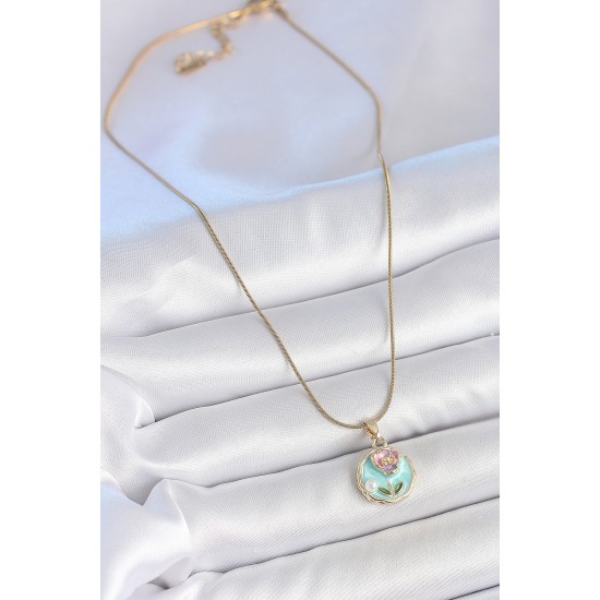 316L Çelik Gold Renk Zincir Mavi Minimal Çiçek İşlemeli İnci Detay Portre Model Kadın Kolye - TJ-BKO10130