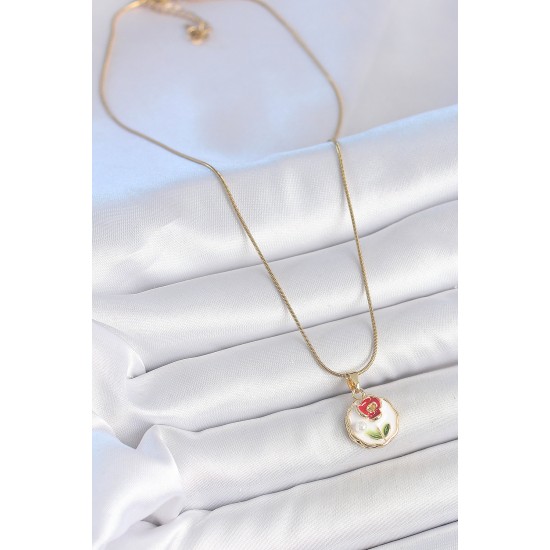 316L Çelik Gold Renk Zincir Beyaz Minimal Çiçek İşlemeli İnci Detay Portre Model Kadın Kolye - TJ-BKO10131