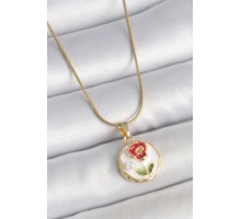 316L Çelik Gold Renk Zincir Beyaz Minimal Çiçek İşlemeli İnci Detay Portre Model Kadın Kolye - TJ-BKO10131
