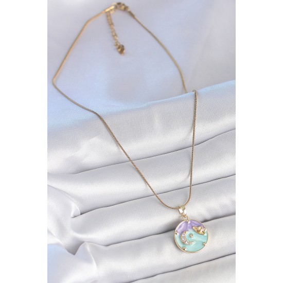 316L Çelik Gold Renk Zincir Çifr Renk Zirkon Taşlı Hilal İşlemeli Yıldız Detay Madalyon Model Kadın Kolye - TJ-BKO10132