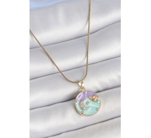 316L Çelik Gold Renk Zincir Çifr Renk Zirkon Taşlı Hilal İşlemeli Yıldız Detay Madalyon Model Kadın Kolye - TJ-BKO10132