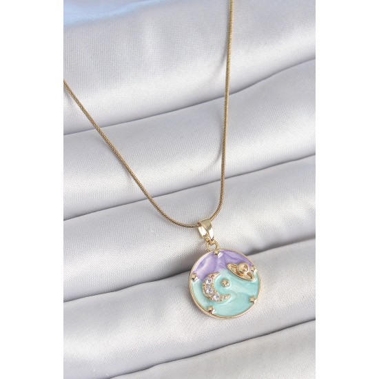 316L Çelik Gold Renk Zincir Çifr Renk Zirkon Taşlı Hilal İşlemeli Yıldız Detay Madalyon Model Kadın Kolye - TJ-BKO10132