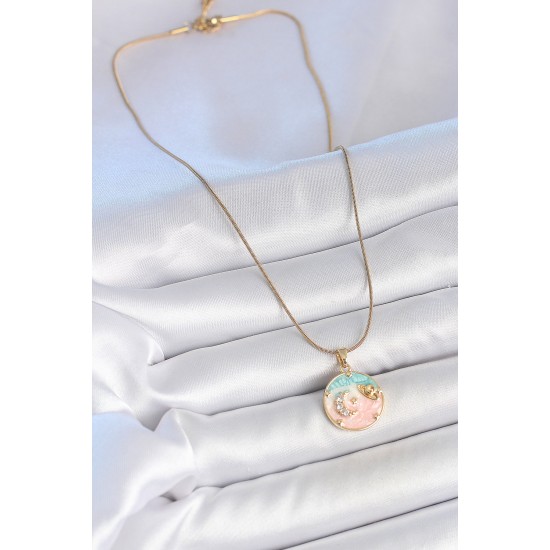 316L Çelik Gold Renk Zincir Mix Renk Mineli Zirkon Taşlı Gezegen İşlemeli Yıldız Detay Madalyon Model Kadın Kolye - TJ-BKO10133