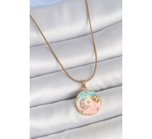 316L Çelik Gold Renk Zincir Mix Renk Mineli Zirkon Taşlı Gezegen İşlemeli Yıldız Detay Madalyon Model Kadın Kolye - TJ-BKO10133