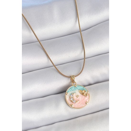 316L Çelik Gold Renk Zincir Mix Renk Mineli Zirkon Taşlı Gezegen İşlemeli Yıldız Detay Madalyon Model Kadın Kolye - TJ-BKO10133
