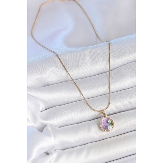 316L Çelik Gold Renk Zincir Mor Çiçek İşlemeli Zirkon Taş İnci Detaylı Minimal Portre Model Kadın Kolye - TJ-BKO10134