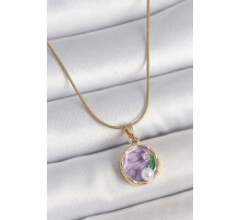 316L Çelik Gold Renk Zincir Mor Çiçek İşlemeli Zirkon Taş İnci Detaylı Minimal Portre Model Kadın Kolye - TJ-BKO10134