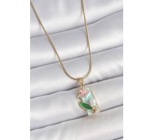 316L Çelik Gold Renk Zincir Mavi Mineli Pembe Çiçek İşlemeli İnci Detay Dikdörtgen Portre Model Kadın Kolye - TJ-BKO10136