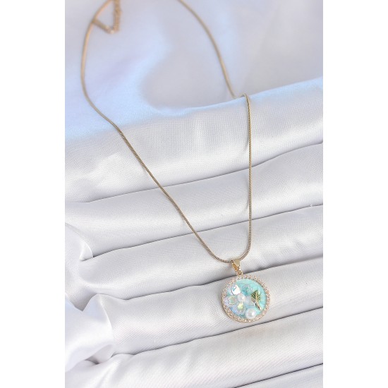 316L Çelik Gold Renk Zincir Zirkon Taş Detaylı Mavi Mineli Çiçek İşlemeli İnci Detay Kadın Kolye - TJ-BKO10137