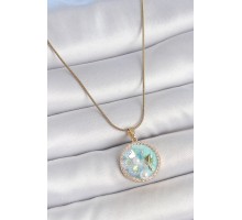 316L Çelik Gold Renk Zincir Zirkon Taş Detaylı Mavi Mineli Çiçek İşlemeli İnci Detay Kadın Kolye - TJ-BKO10137