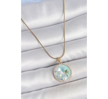 316L Çelik Gold Renk Zincir Zirkon Taş Detaylı Mavi Mineli Çiçek İşlemeli İnci Detay Kadın Kolye - TJ-BKO10137