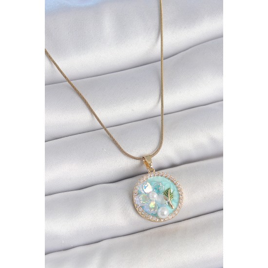 316L Çelik Gold Renk Zincir Zirkon Taş Detaylı Mavi Mineli Çiçek İşlemeli İnci Detay Kadın Kolye - TJ-BKO10137