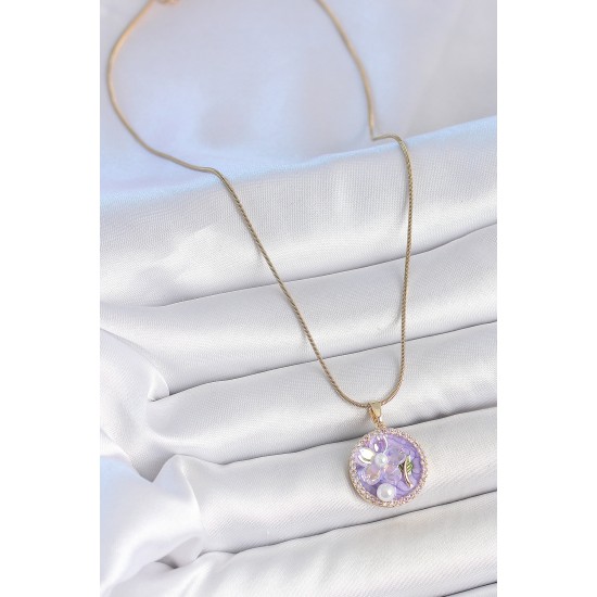 316L Çelik Gold Renk Zincir Zirkon Taşlı Mor Mineli Çiçek İşlemeli İnci Detay Portre Model Kadın Kolye - TJ-BKO10138