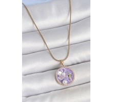 316L Çelik Gold Renk Zincir Zirkon Taşlı Mor Mineli Çiçek İşlemeli İnci Detay Portre Model Kadın Kolye - TJ-BKO10138