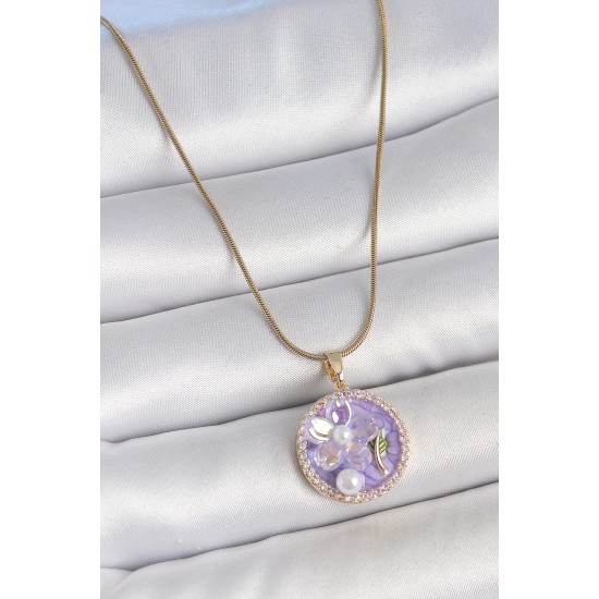 316L Çelik Gold Renk Zincir Zirkon Taşlı Mor Mineli Çiçek İşlemeli İnci Detay Portre Model Kadın Kolye - TJ-BKO10138