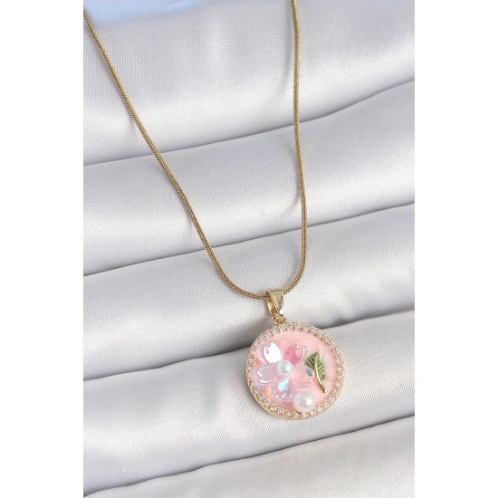 316L Çelik Gold Renk Zincir Zirkon Taşlı Pembe Mineli Çiçek İşlemeli İnci Detay Portre Model Kadın Kolye - TJ-BKO10139