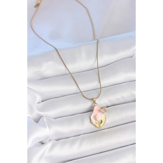 316L Çelik Gold Renk Zincir Damla Mix Renk Çiçek İşlemeli Kelebek Detay Portre Model Kadın Kolye - TJ-BKO10140