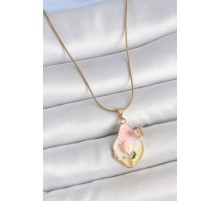 316L Çelik Gold Renk Zincir Damla Mix Renk Çiçek İşlemeli Kelebek Detay Portre Model Kadın Kolye - TJ-BKO10140