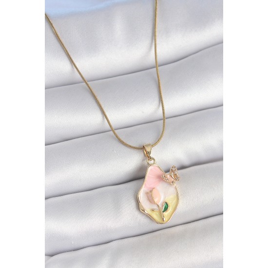 316L Çelik Gold Renk Zincir Damla Mix Renk Çiçek İşlemeli Kelebek Detay Portre Model Kadın Kolye - TJ-BKO10140