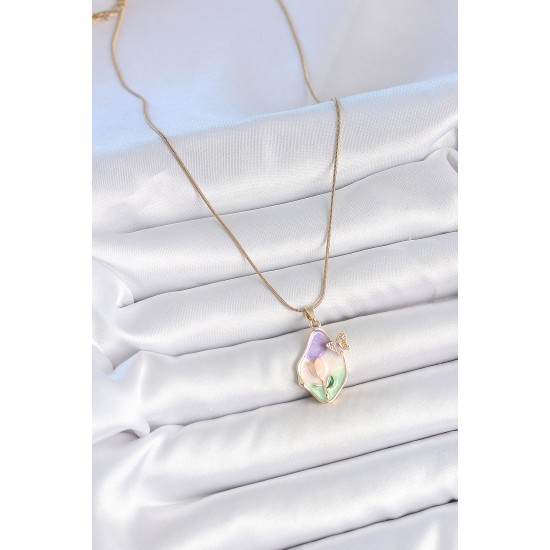 316L Çelik Gold Renk Zincir Damla Mix Renk Mineli Çiçek İşlemeli Kelebek Detay Portre Model Kadın Kolye - TJ-BKO10142