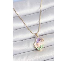 316L Çelik Gold Renk Zincir Damla Mix Renk Mineli Çiçek İşlemeli Kelebek Detay Portre Model Kadın Kolye - TJ-BKO10142