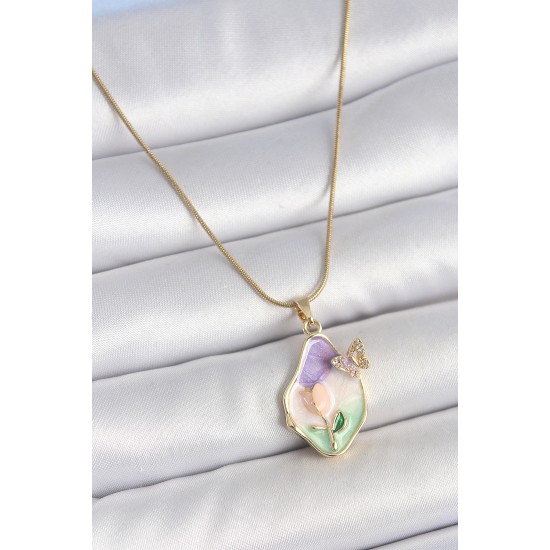 316L Çelik Gold Renk Zincir Damla Mix Renk Mineli Çiçek İşlemeli Kelebek Detay Portre Model Kadın Kolye - TJ-BKO10142