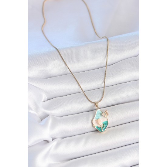 316L Çelik Gold Renk Zincir Damla Mix Renk Mineli Çiçek İşlemeli Kelebek Detay Portre Model Kadın Kolye - TJ-BKO10141