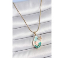 316L Çelik Gold Renk Zincir Damla Mix Renk Mineli Çiçek İşlemeli Kelebek Detay Portre Model Kadın Kolye - TJ-BKO10141