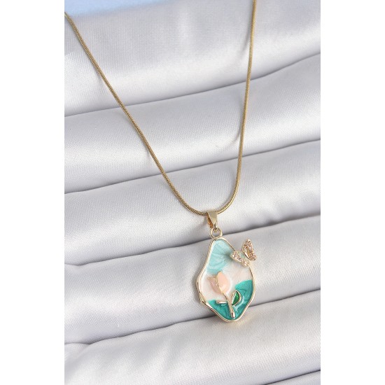 316L Çelik Gold Renk Zincir Damla Mix Renk Mineli Çiçek İşlemeli Kelebek Detay Portre Model Kadın Kolye - TJ-BKO10141