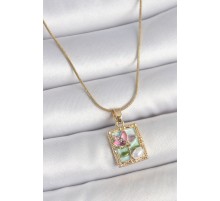 316L Çelik Gold Renk Zincir Mavi Mineli Çiçek İşlemeli İnci Detay Portre Model Kadın Kolye - TJ-BKO10143