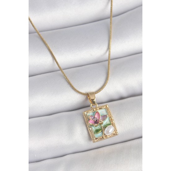 316L Çelik Gold Renk Zincir Mavi Mineli Çiçek İşlemeli İnci Detay Portre Model Kadın Kolye - TJ-BKO10143