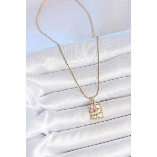 316L Çelik Gold Renk Zincir Beyaz Mineli Çiçek İşlemeli İnci Detay Portre Model Kadın Kolye - TJ-BKO10144